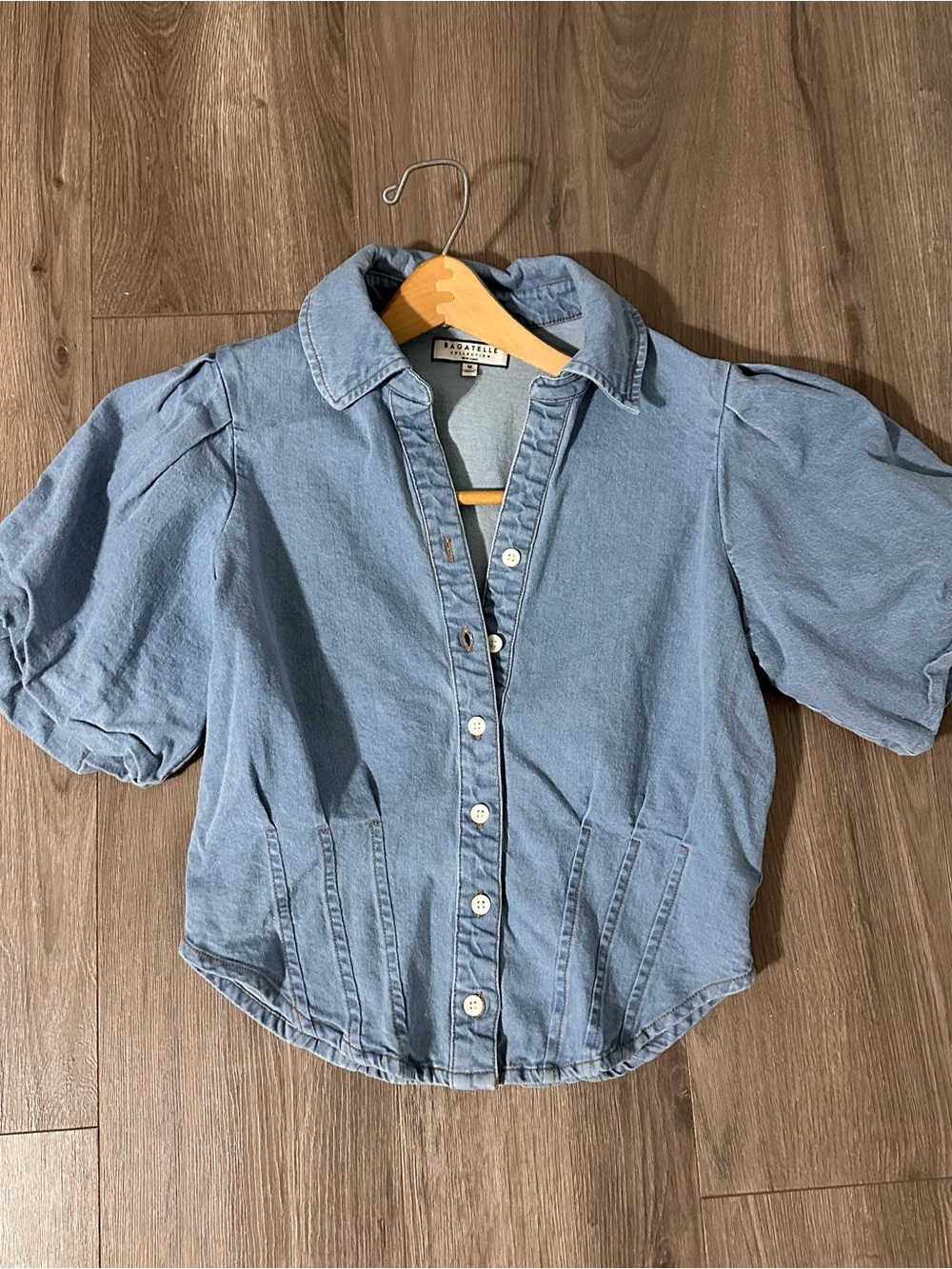 bagatelle Top Corset Puff Sleeve Medium Stretch Blue Denim Button Up